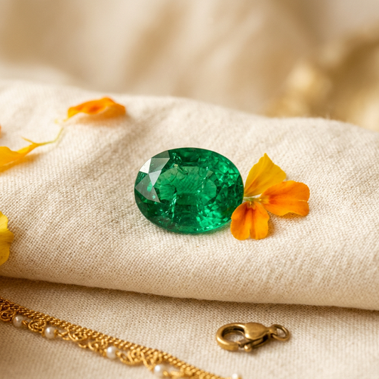 Natural Emerald (Panna) gemstone, oval cut, on cream linen with marigold petals — AstroBhoomi