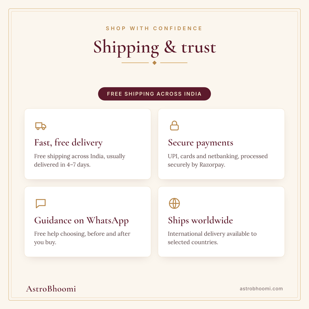 AstroBhoomi: free shipping across India, secure Razorpay payments, WhatsApp guidance