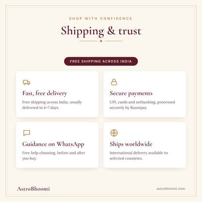 AstroBhoomi: free shipping across India, secure Razorpay payments, WhatsApp guidance